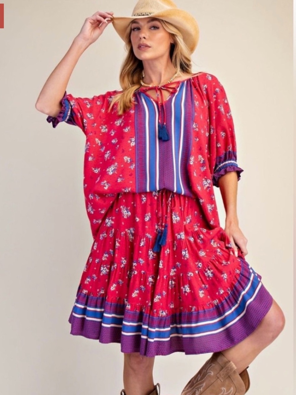 Easel Women's Red Floral Tiered Skirt and Top Set!